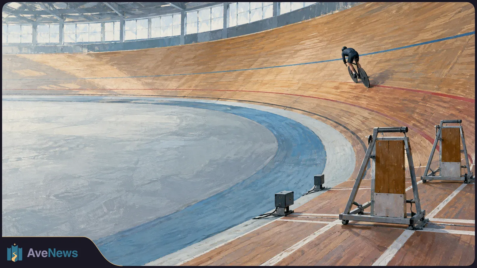 Painted wide view of an indoor velodrome. A lone cyclist in dark kit rides high on the banked wooden track, with two metal structures beside the track in the foreground. SI illustration