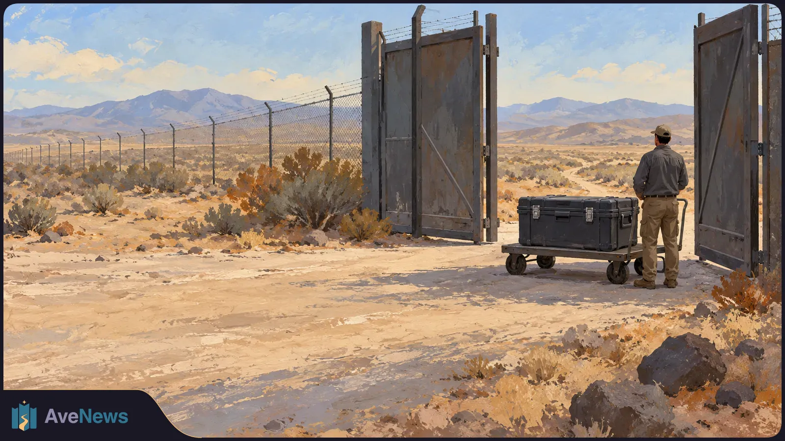 Illustration of a person standing beside a black case on a wheeled cart at an open gate in a desert fence, with mountains in the distance. SI illustration