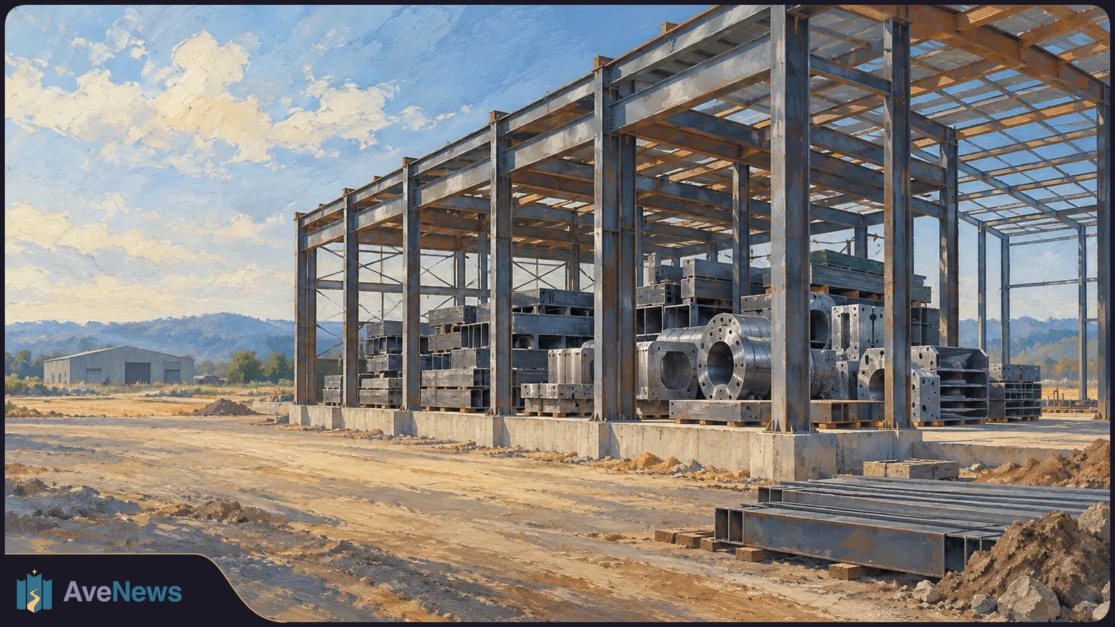 Illustration of a steel-framed industrial building under construction, with metal components stacked inside and beams on the ground. SI illustration