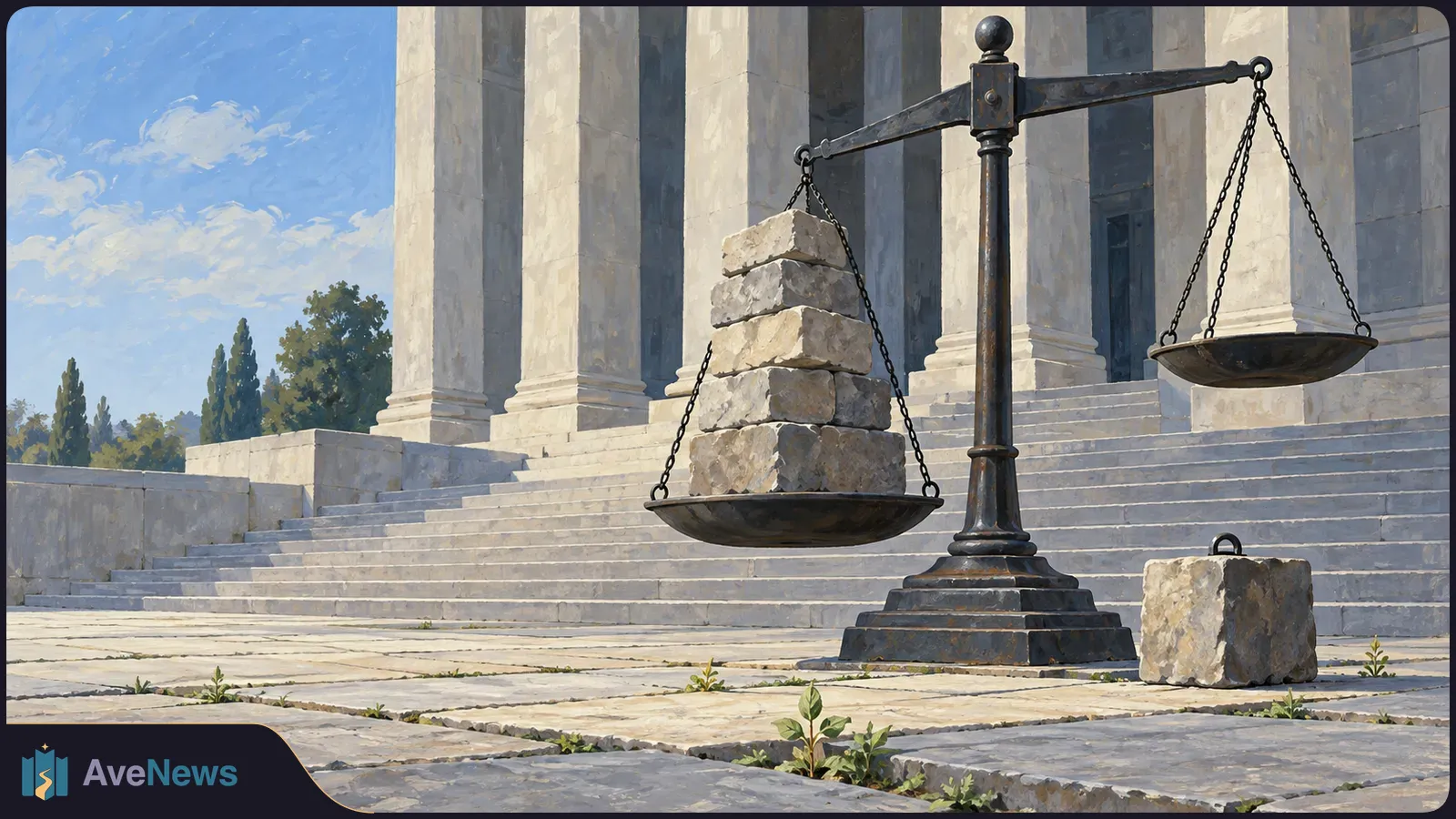 Painterly illustration of a balance scale before a columned building. Stacked stones weigh down the left pan; the empty right pan hangs higher. SI illustration