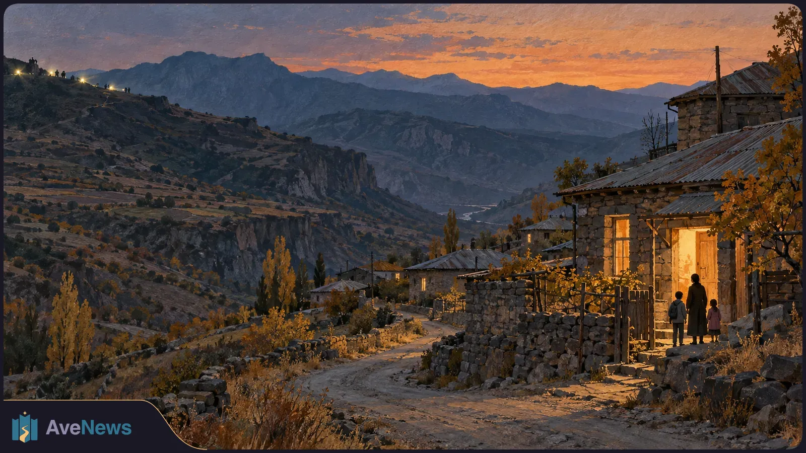 At dusk, a woman and two children stand by a lit doorway in a mountain village. A dirt road winds past stone houses and autumn trees beneath an orange sky. SI illustration