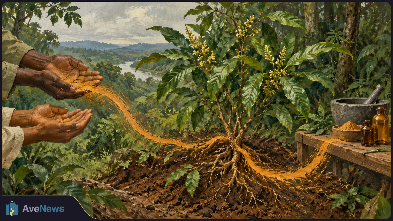 Painted forest scene with a leafy flowering shrub and exposed roots. Hands scatter ochre powder across the foreground; a wooden table holds a mortar, bowl and amber bottles. SI illustration
