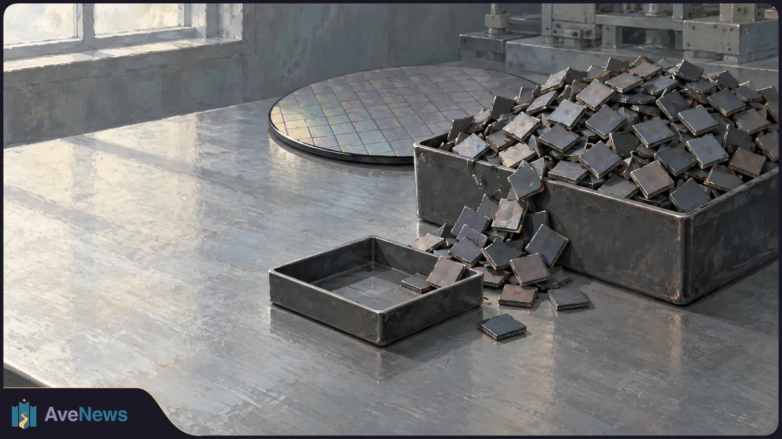 A round silicon wafer sits on a sunlit worktable beside a metal bin full of dark microchips. Several chips have spilled near an empty tray. SI illustration