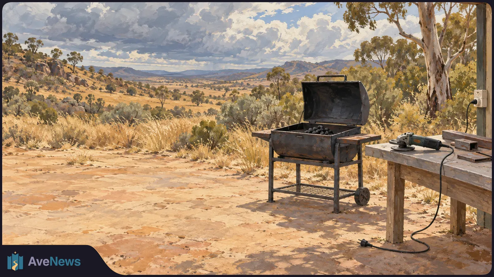 An open charcoal barbecue and an angle grinder on a wooden bench stand beside a dry, grassy valley under a cloudy sky. SI illustration