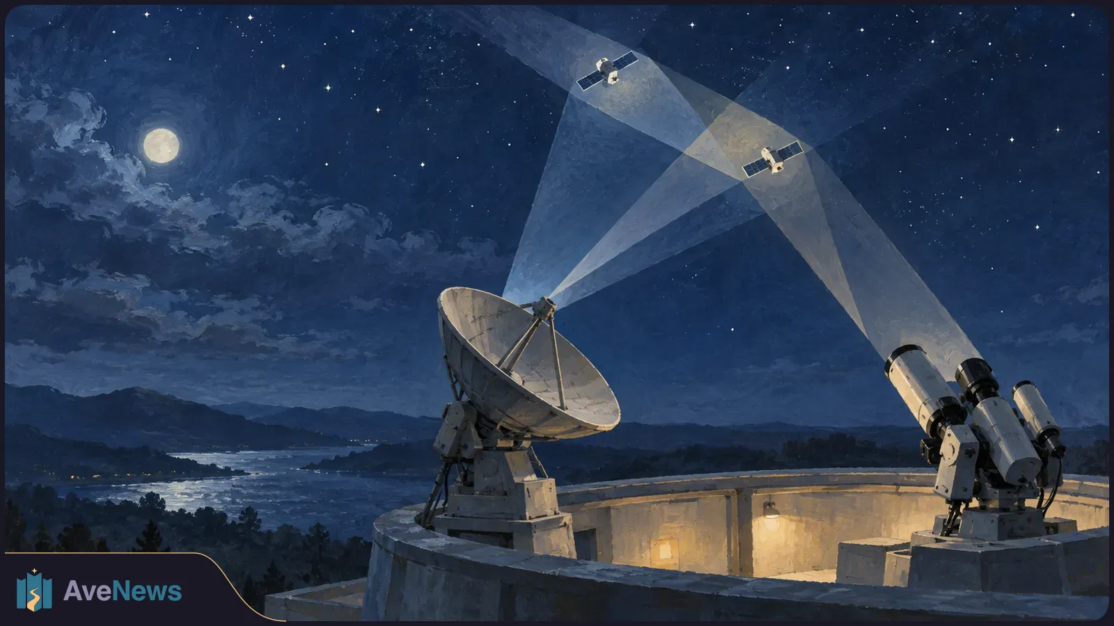 Illustration of a satellite dish and telescope on a rooftop beneath a moonlit, starry sky. Pale beams cross between them and two satellites above a river valley. SI illustration
