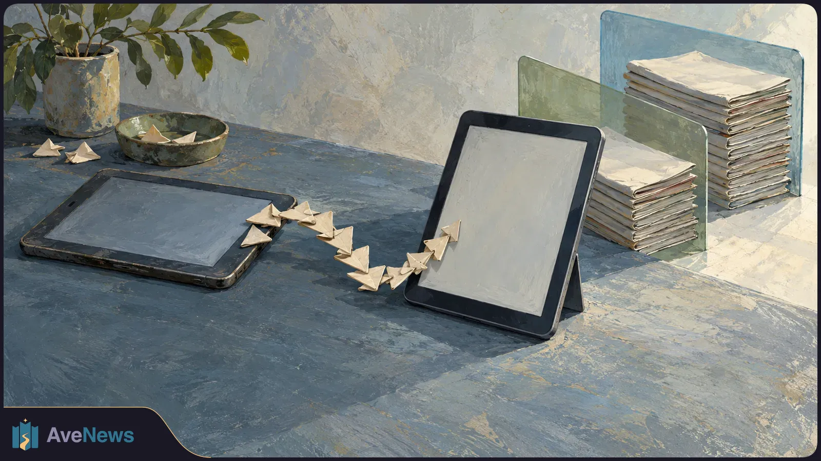 Painterly illustration of two blank tablets on a blue desk, linked by a trail of folded paper shapes. Stacks of pages sit behind them. SI illustration