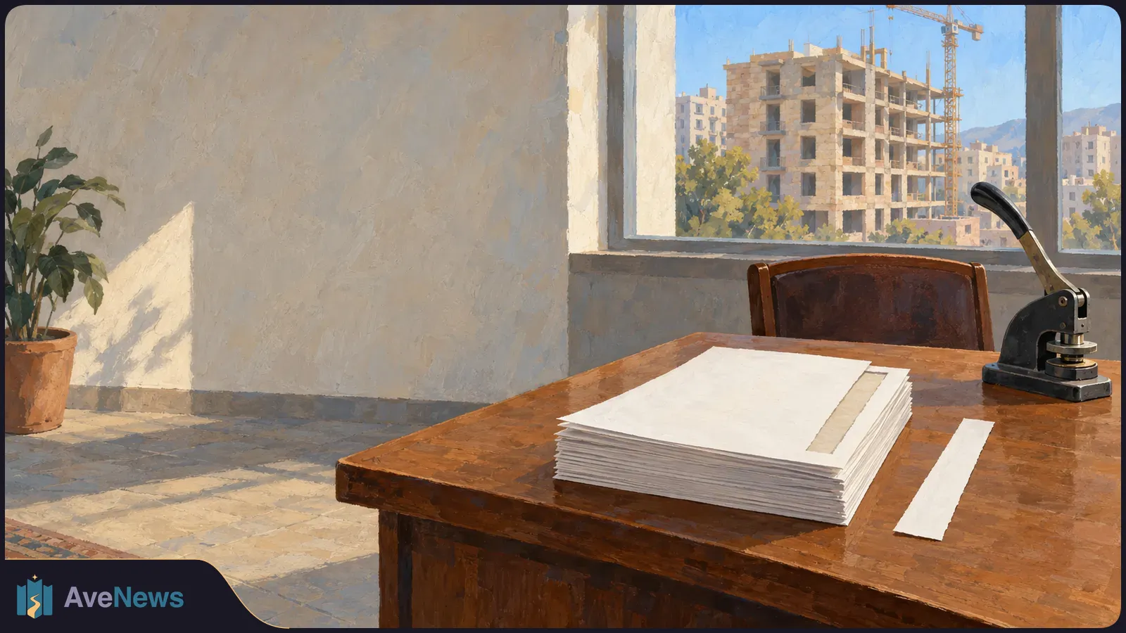 A painted office scene with blank papers and an embossing seal on a wooden desk; an apartment building under construction is visible through the window. SI illustration
