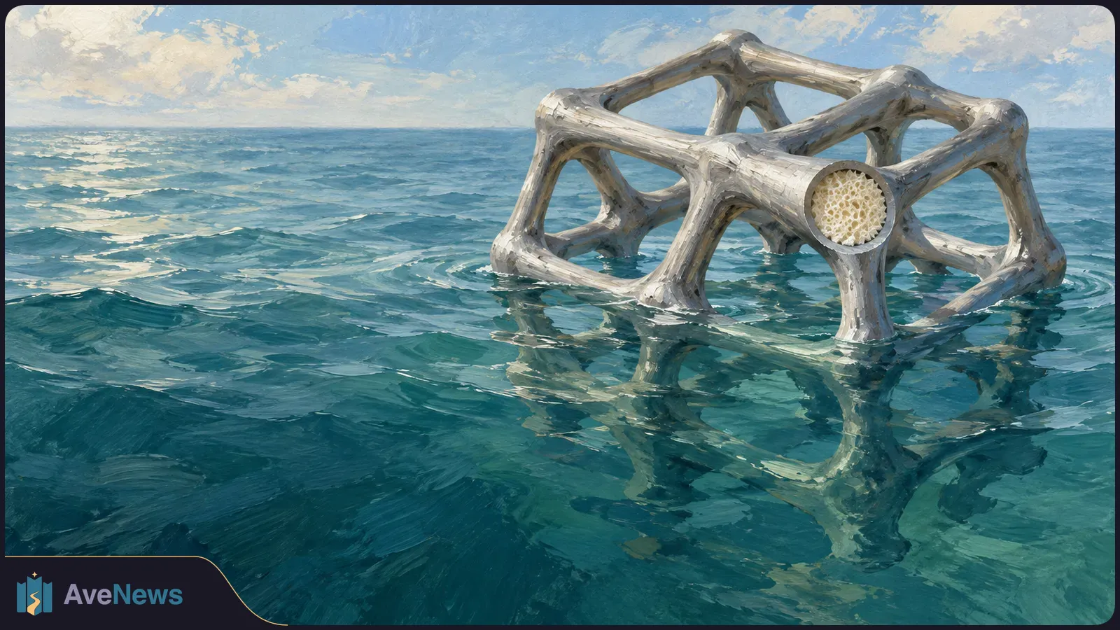 Painterly image of a silver lattice floating in blue water, with open gaps between its struts and a pale porous filling visible at one cut end. SI illustration