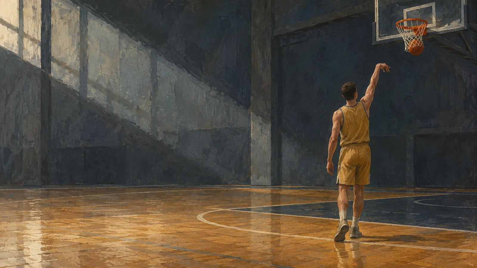 A painted basketball player in a yellow uniform holds one arm up as a ball passes through the hoop in a dimly lit gym. SI illustration
