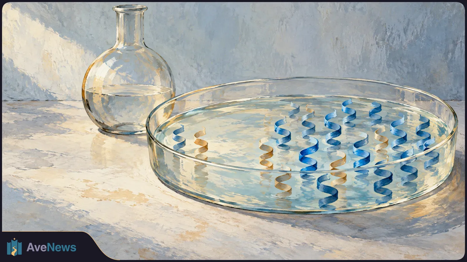 Painted glass dish with many blue and a few gold spiral ribbons rising from liquid; a round glass flask stands behind it. SI illustration