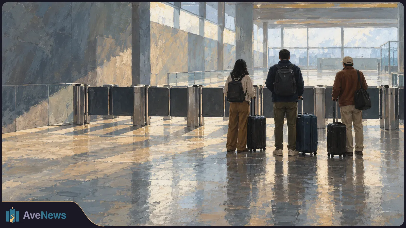 Painterly illustration of three travelers with rolling suitcases facing turnstiles in a sunlit hall with large windows and a reflective floor. SI illustration