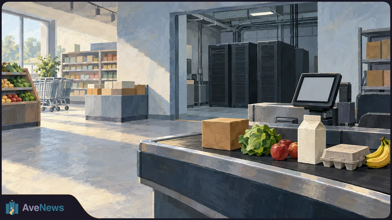 Painted grocery checkout with food on the conveyor and a blank register screen; server racks are visible through an opening behind it. SI illustration
