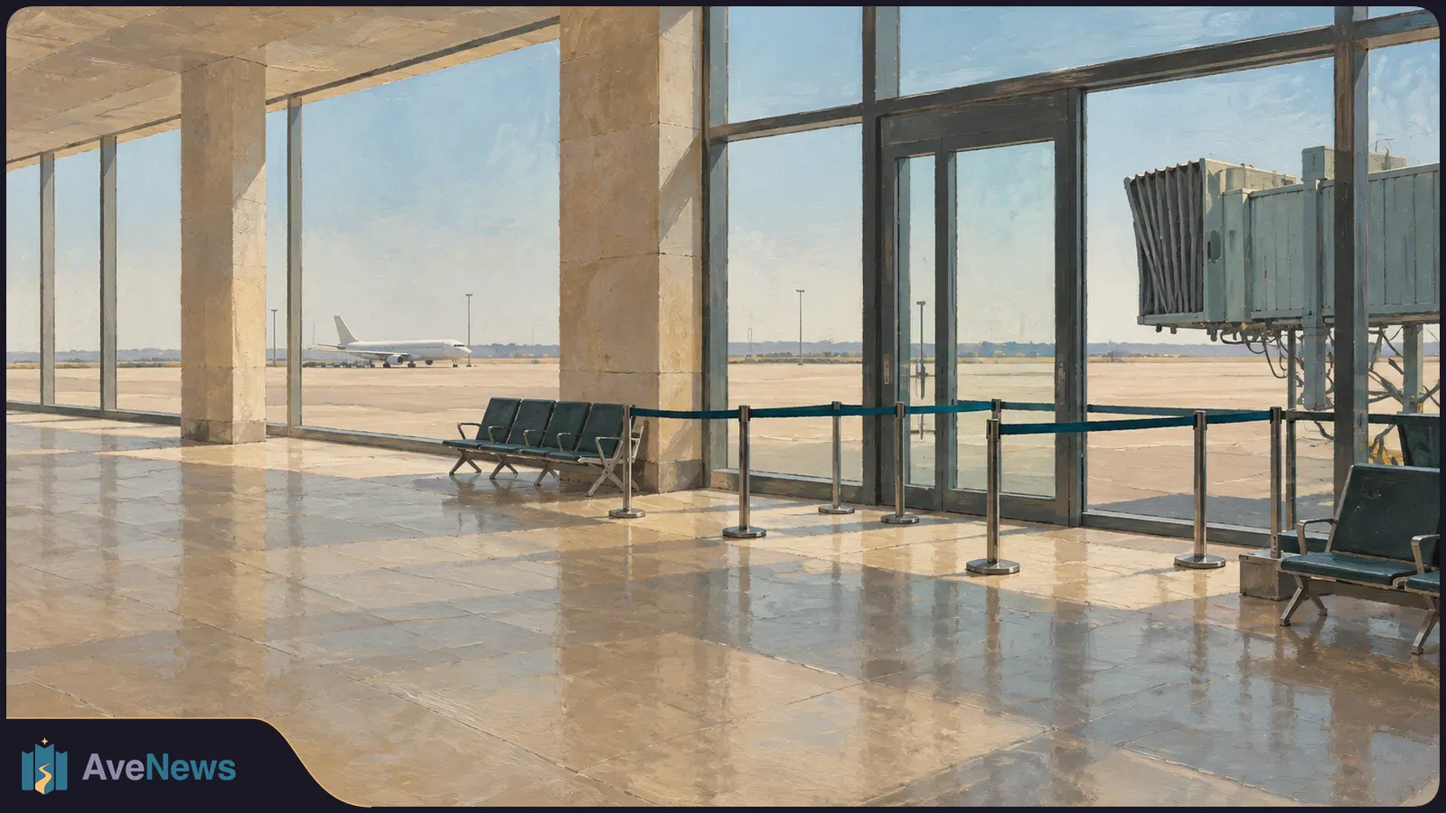 Painted view of an empty airport terminal with seats and queue barriers beside tall windows; a plane and a jet bridge are visible outside. SI illustration