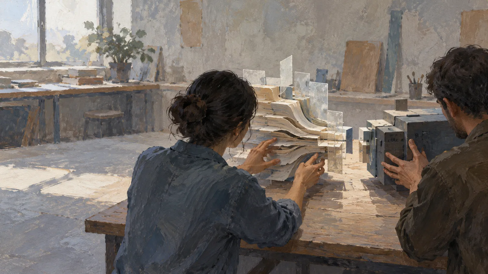 A painting of two people working with layered curved pieces and dark blocks at a table in a sunlit studio. SI illustration