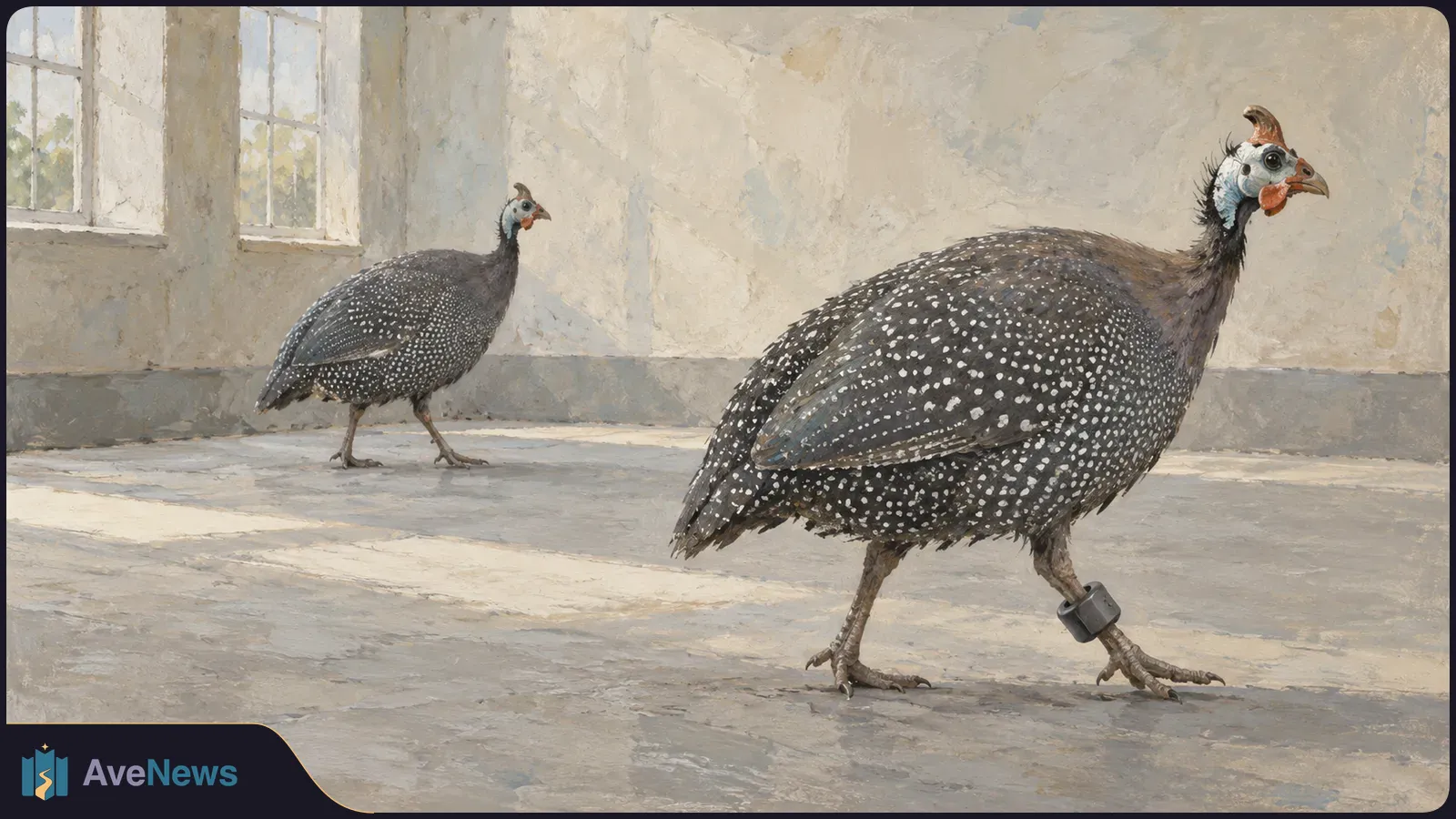 Two speckled guinea fowl walk across a sunlit room. A dark band is strapped around the nearer bird’s leg. SI illustration