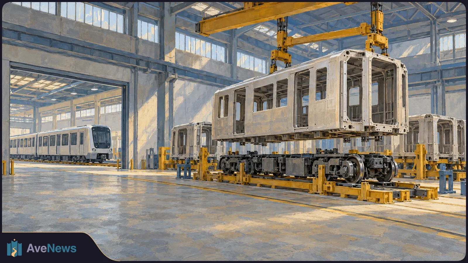 In a bright factory, yellow overhead cranes hold an unfinished metro car body above a wheeled chassis; a completed train stands at left. SI illustration