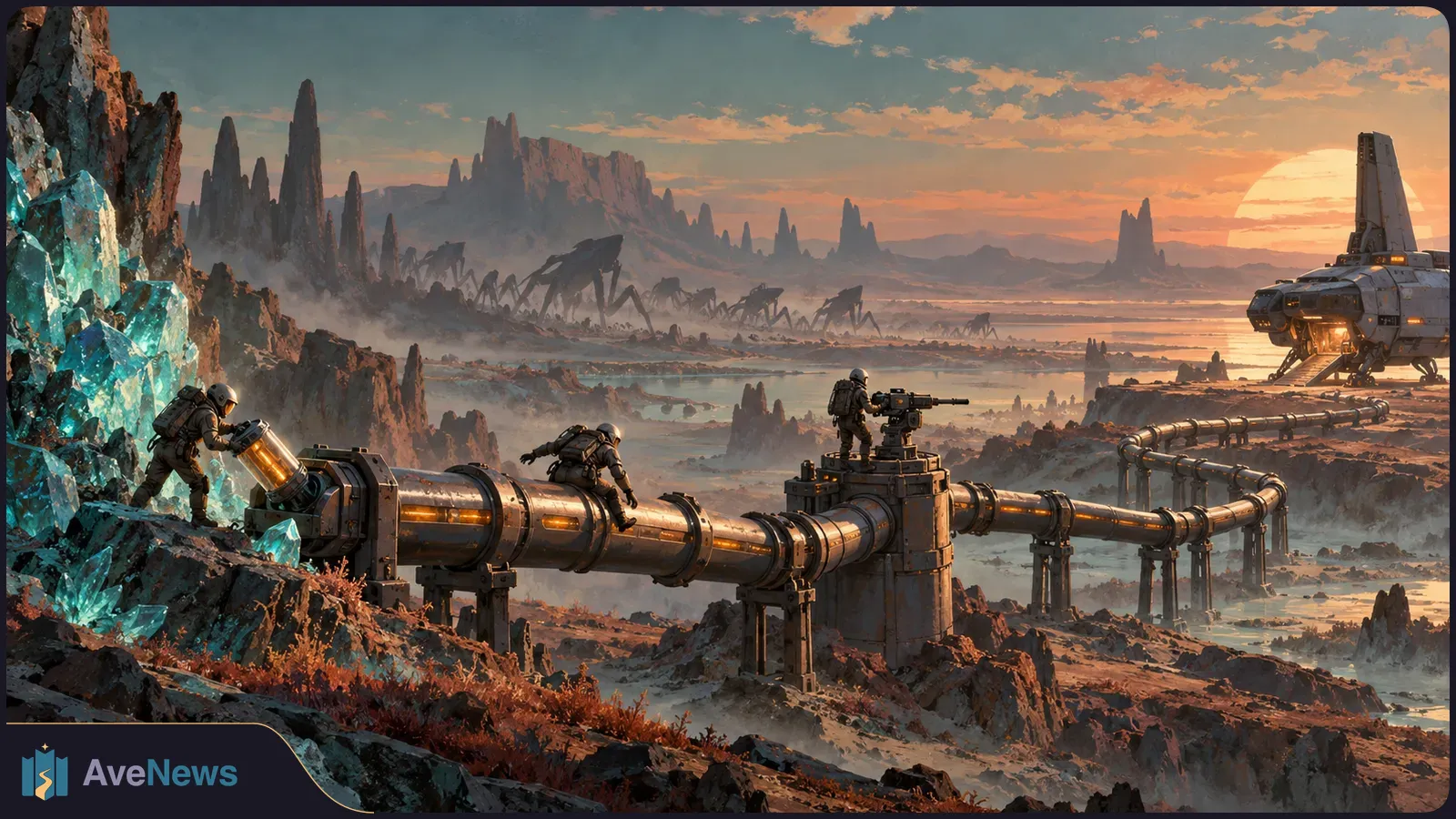 Three armored figures stand along a glowing pipeline with a turret and spacecraft nearby, while spiderlike machines cross a rocky valley at sunset. SI illustration