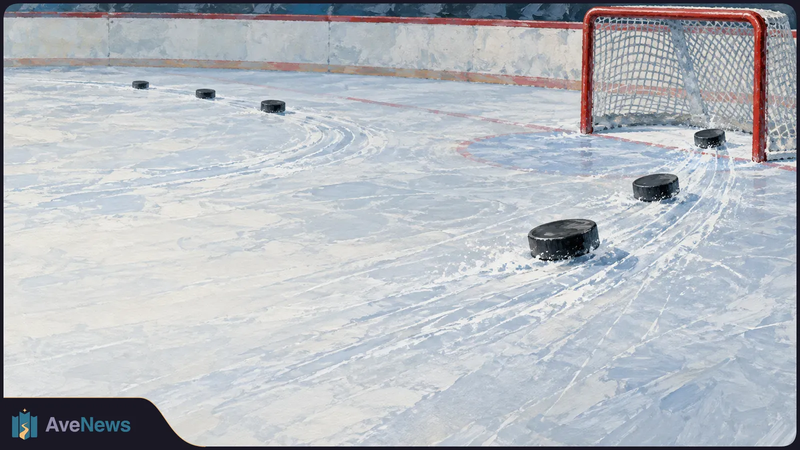 Painted ice hockey rink with several black pucks and curved skate marks leading toward a red goal at the upper right. SI illustration
