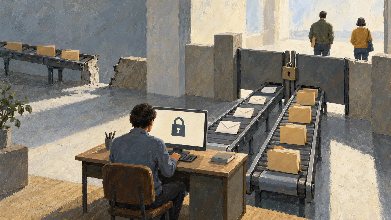 A person sits at a computer displaying a padlock, beside conveyor belts carrying envelopes and folders toward a locked gate. Two people stand beyond it; another belt ends at a broken wall. SI illustration
