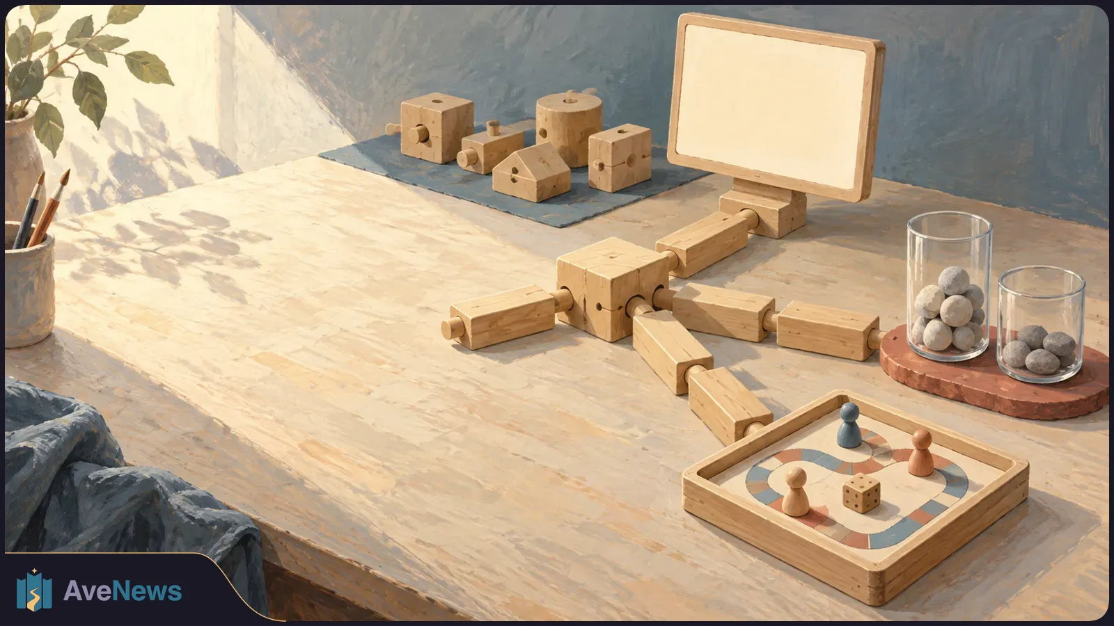Painterly illustration of wooden blocks linking a blank screen to a board game with pawns and a die; two glass jars of balls sit nearby. SI illustration
