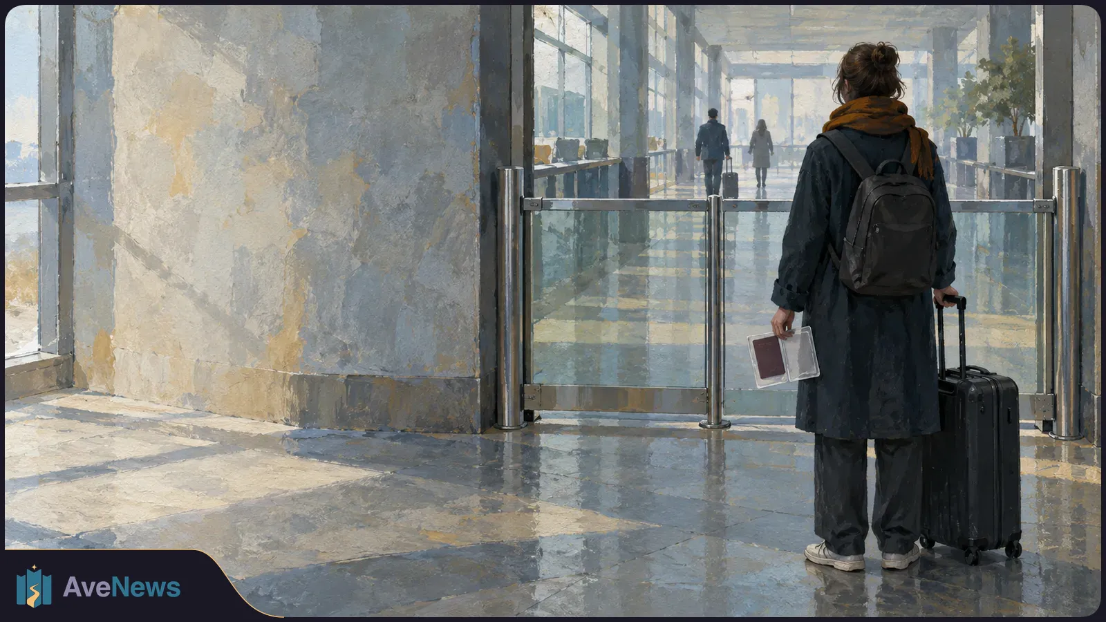 Illustration of a traveler with a backpack, suitcase and document holder standing by a glass barrier in a bright corridor; two people walk ahead. SI illustration