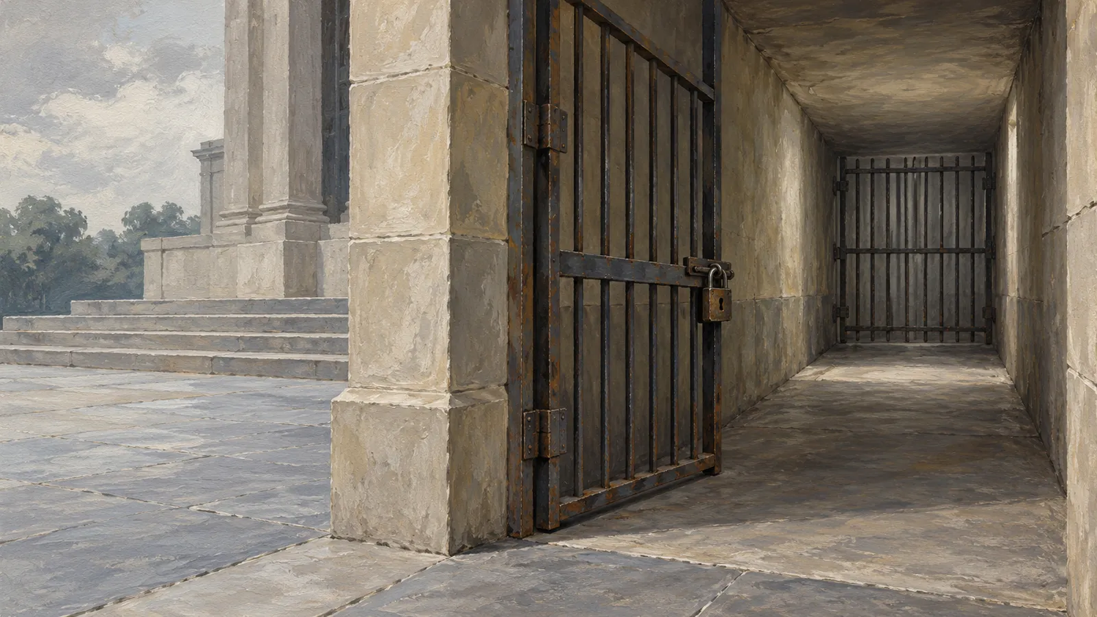 An illustration of an open iron gate with a padlock at the entrance to a stone passage, with another barred gate at the far end and steps outside. SI illustration