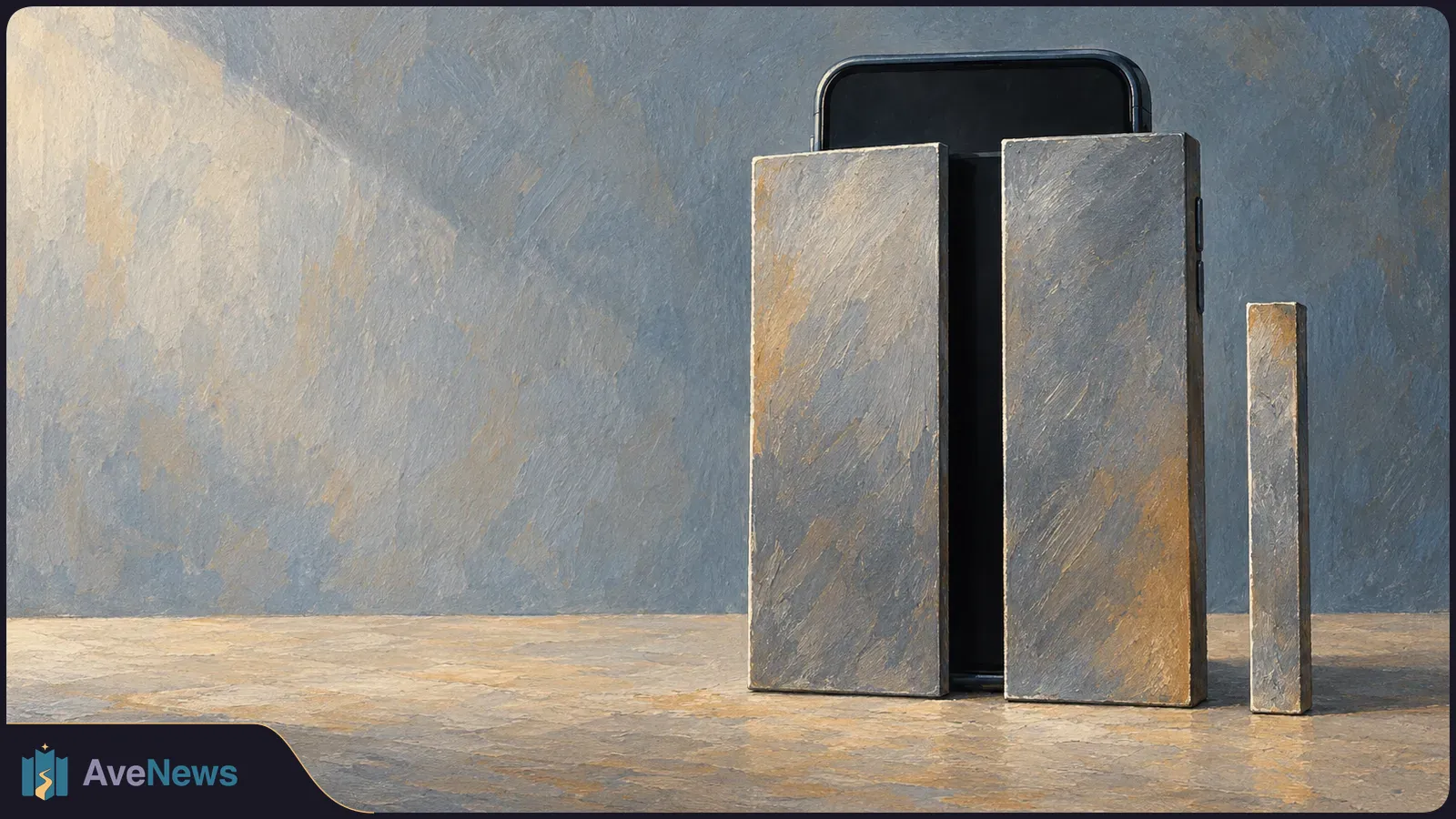 Painterly illustration of a dark smartphone partly hidden behind two upright gray slabs, with a narrower slab beside it, on a tabletop against a blue-gray wall. SI illustration