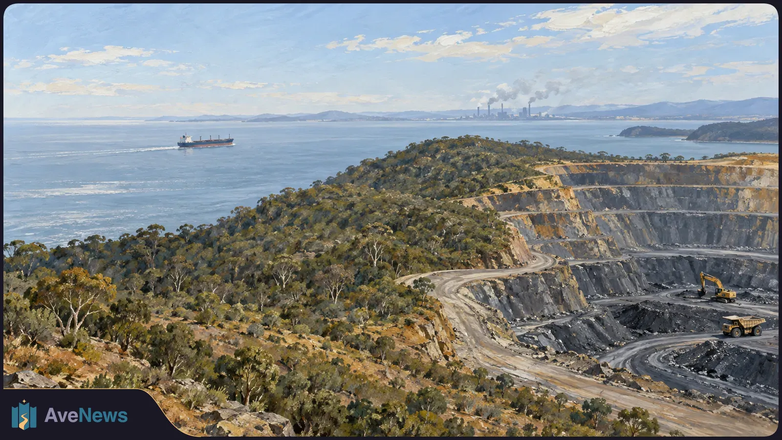 Painted coastal scene with a terraced open-pit mine, an excavator and a dump truck. A cargo ship crosses the bay, with smoking industrial chimneys on the far shore. SI illustration