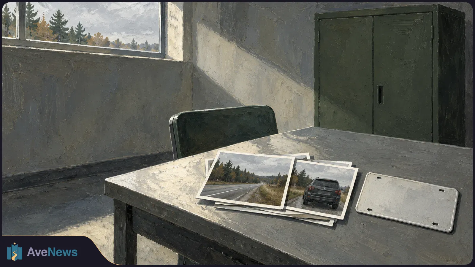 Painted scene of a table holding overlapping photos of a rural road and an SUV, beside a blank license plate. A window and dark cabinet sit behind it. SI illustration