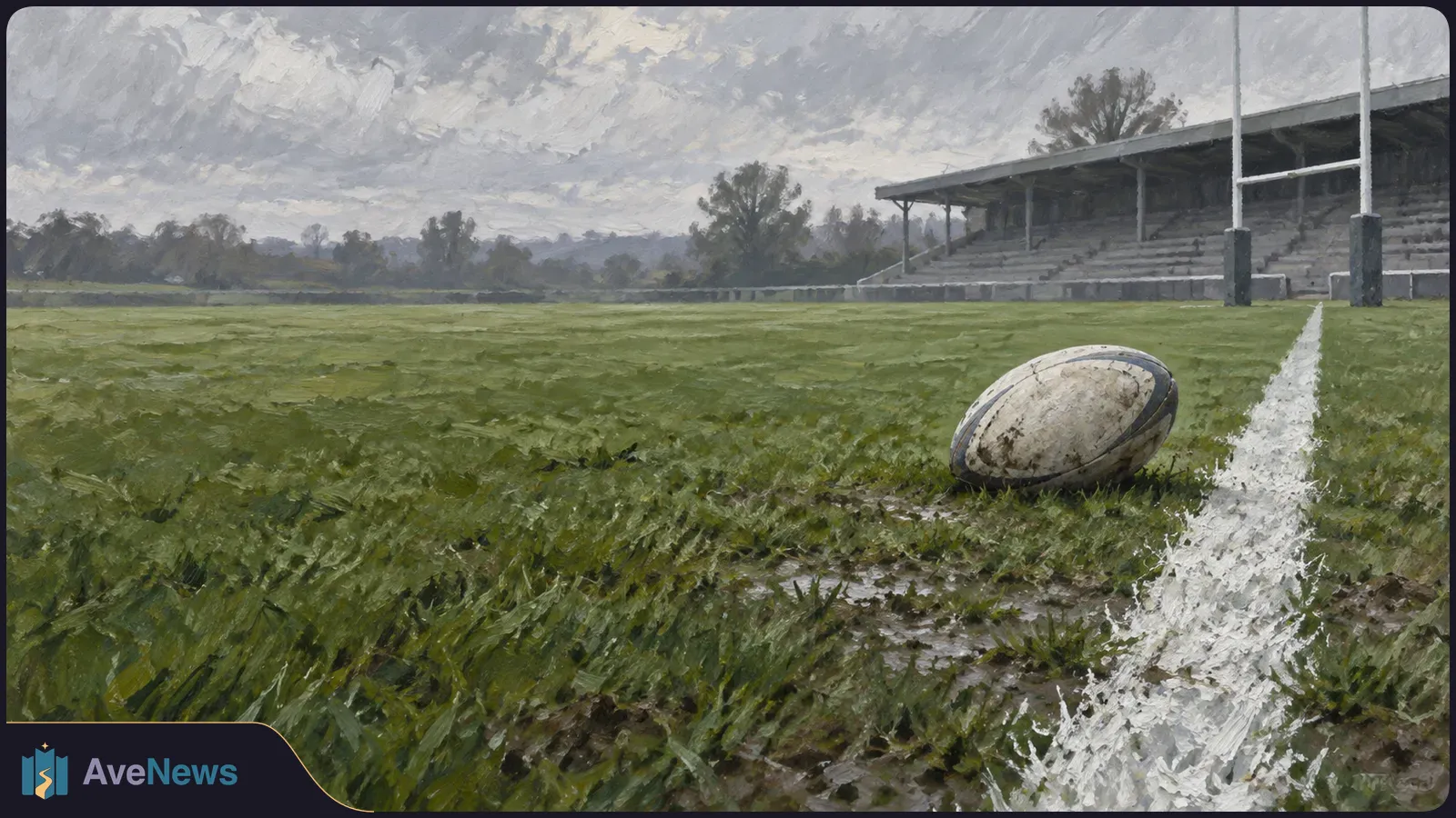 Painted rugby ball on wet grass beside a white field line, with goalposts and empty stands beneath a cloudy sky. SI illustration