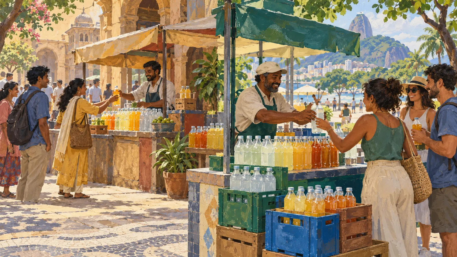 In a sunny waterfront market, vendors hand bottled drinks to customers beside stalls stacked with clear, yellow and orange beverages. SI illustration