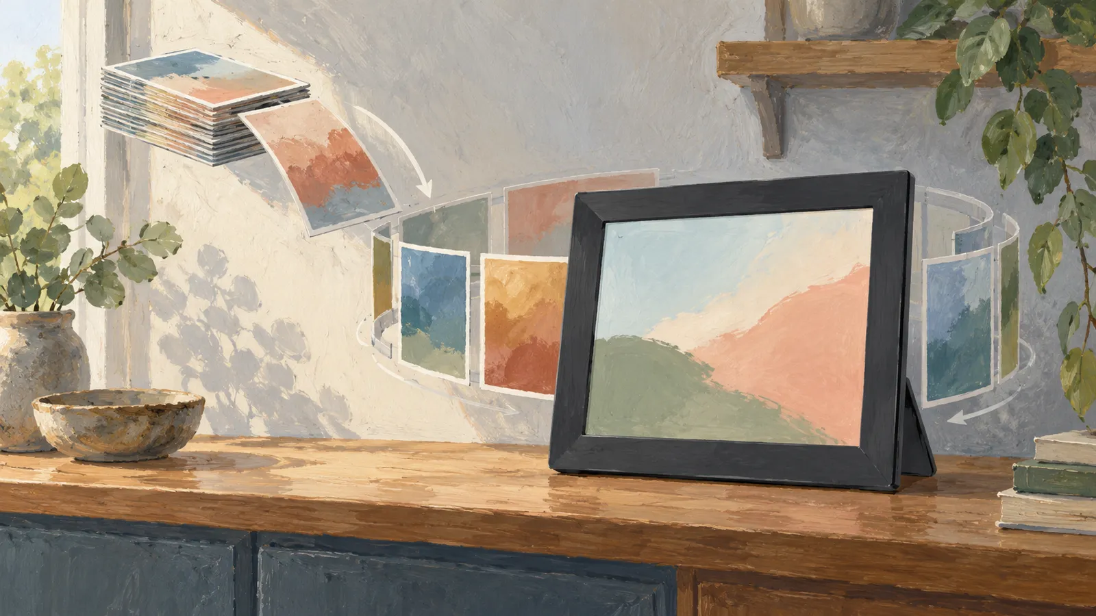 A black digital picture frame displays a pastel landscape on a wooden counter, with illustrated pictures and curved arrows around it. SI illustration