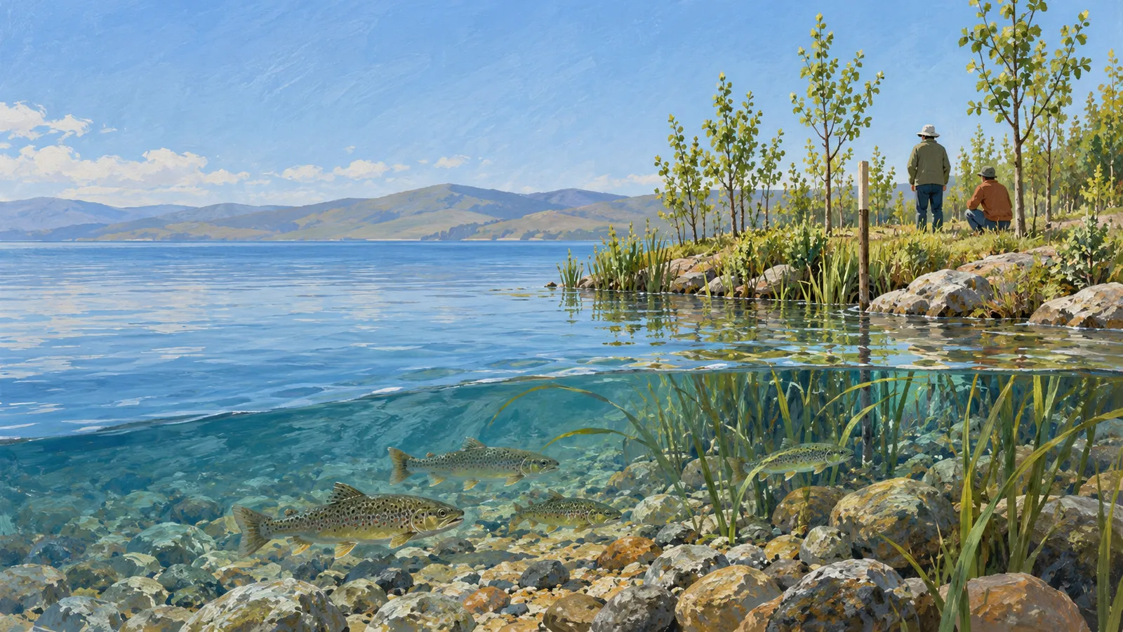 Illustration of spotted fish swimming above a rocky lakebed, with two people on a tree-lined shore and mountains in the distance. SI illustration