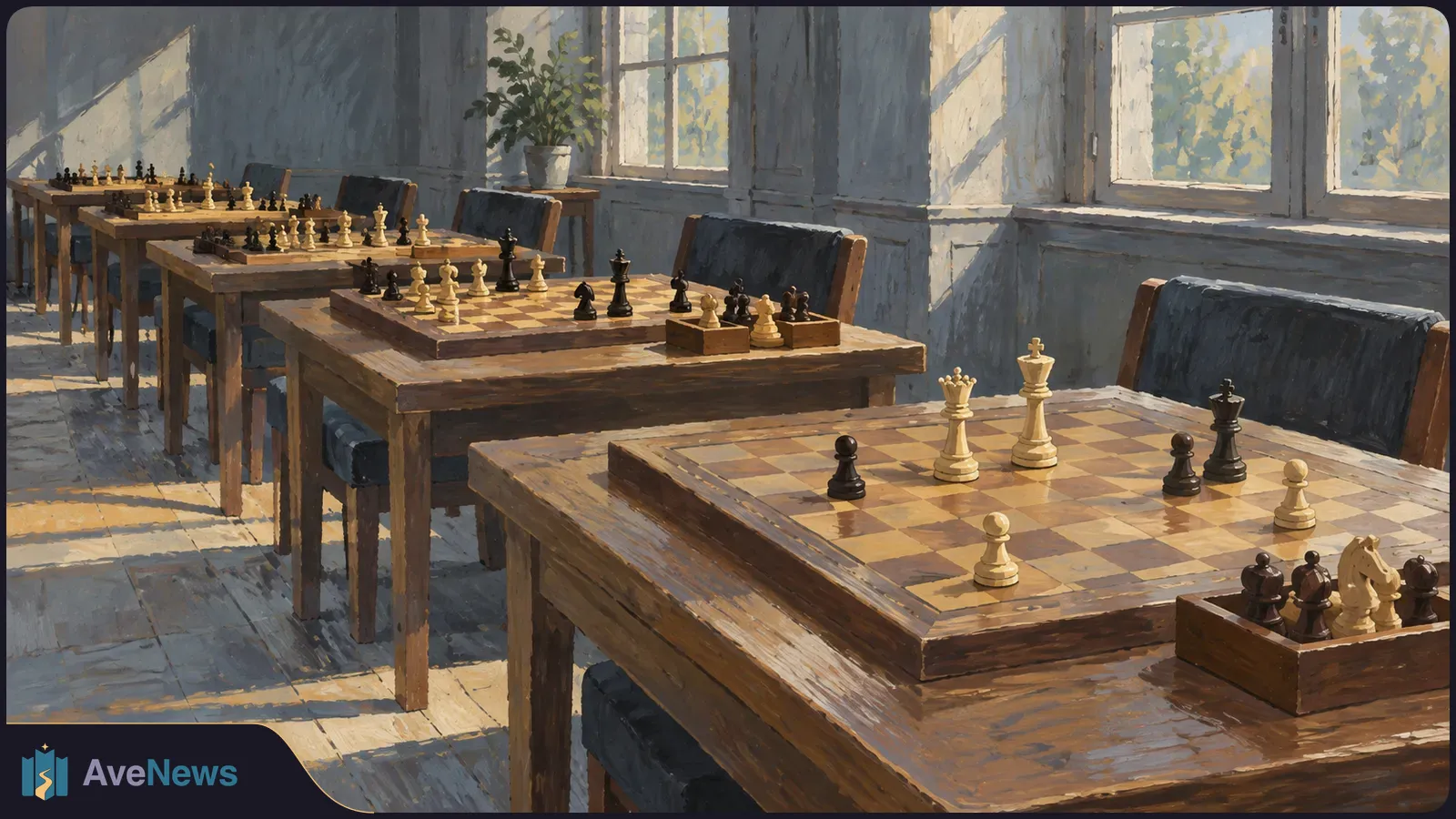 Sunlit room with rows of wooden tables and chessboards set with black and white pieces; empty chairs line the tables. SI illustration