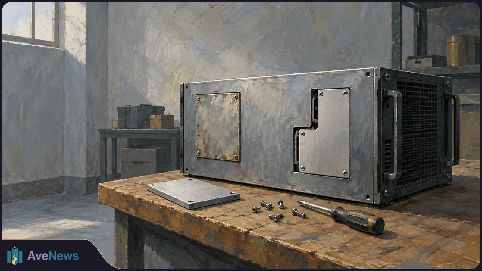 A painted metal equipment box with a vented side sits on a wooden workbench beside a loose plate, screws and a screwdriver. SI illustration