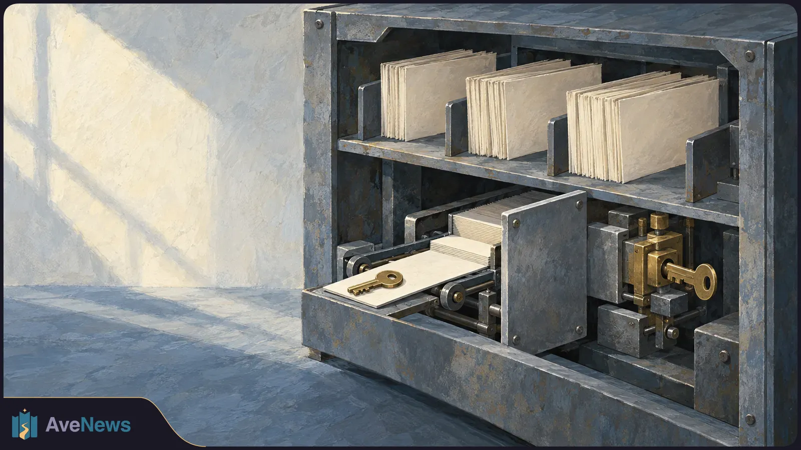 Painted illustration of a gray metal cabinet holding stacks of blank papers. A sheet with a brass key rests on a lower tray, and another key protrudes from a lock at right. SI illustration
