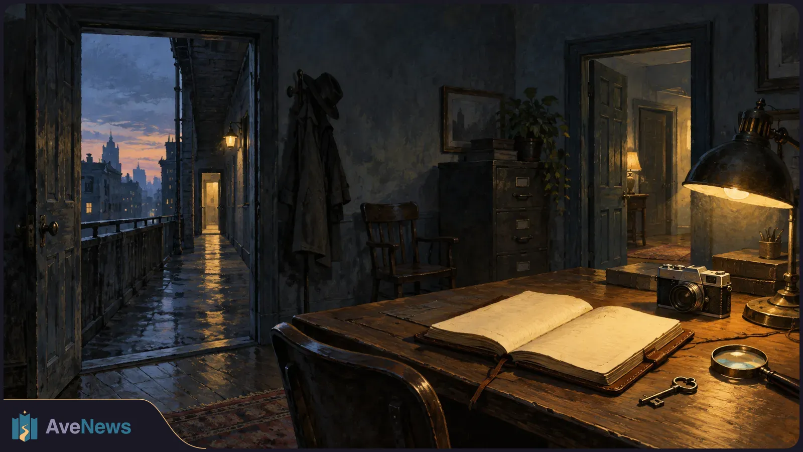 A lamplit desk holds an open notebook, camera, magnifying glass and key. An open door leads to a wet balcony overlooking a city at dusk. SI illustration