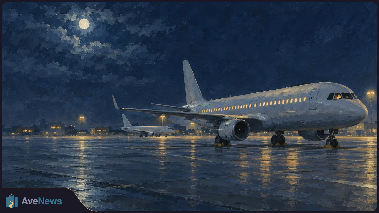 Illustration of two passenger planes on a wet airport apron at night. A full moon shines through clouds, and airport lights reflect on the pavement. SI illustration
