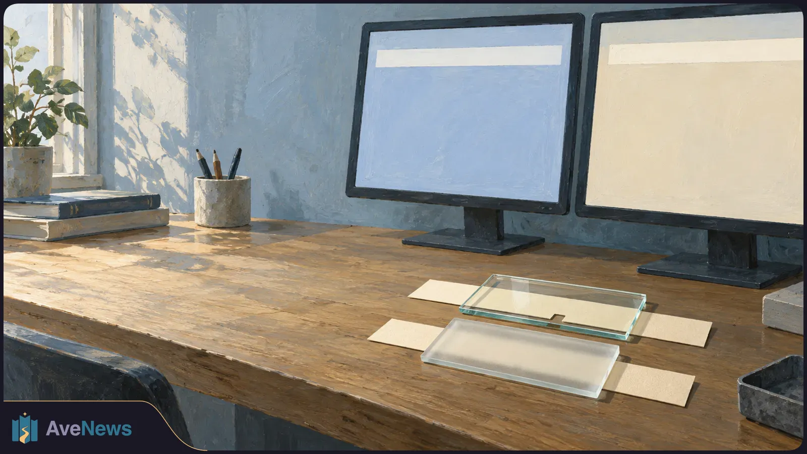 Painterly view of a sunlit wooden desk with two mostly blank monitors, glass trays, books, pencils and a potted plant by a window. SI illustration
