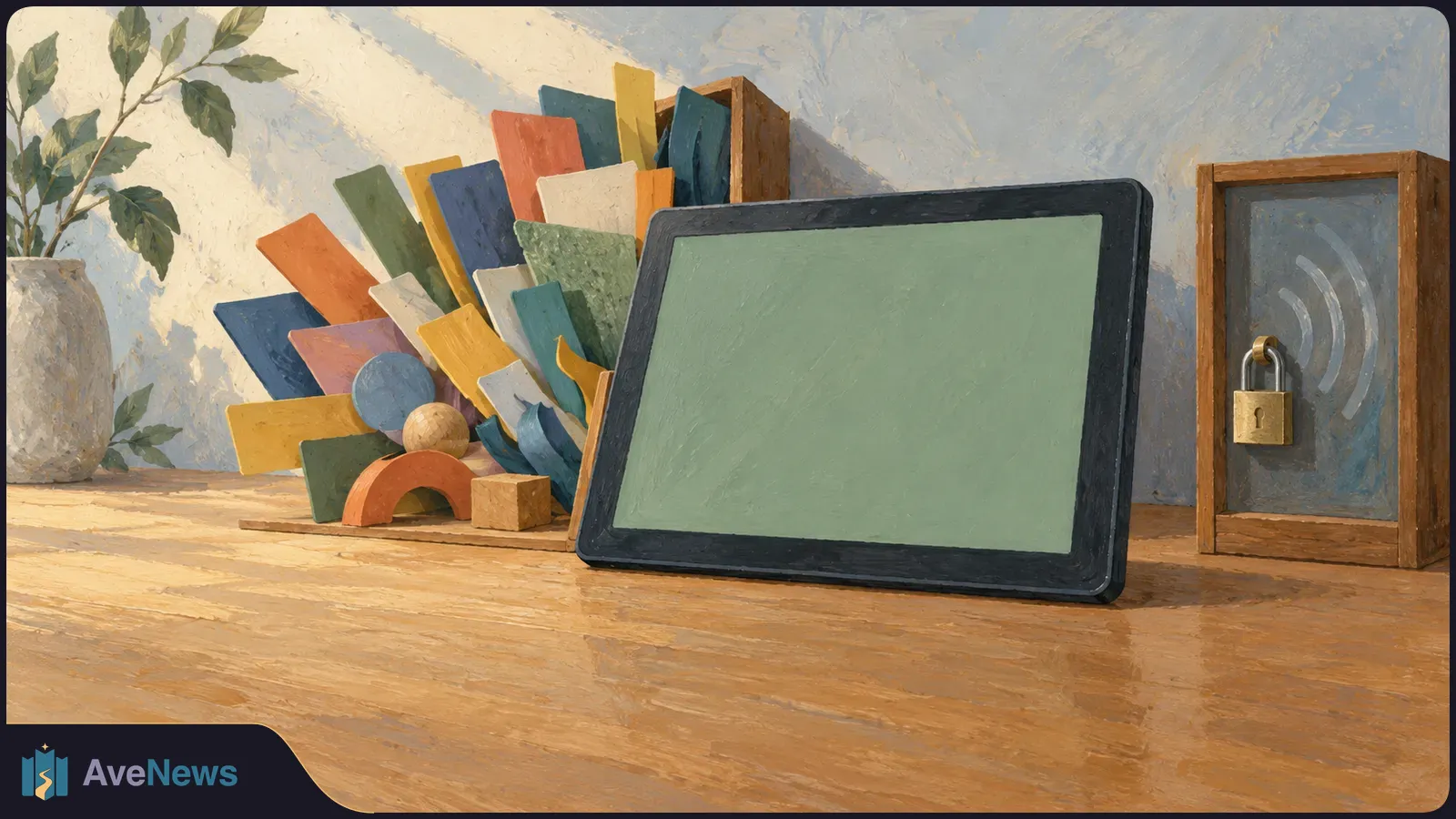 Painted illustration of a blank-screen tablet on a wooden table, with colorful panels behind it and a padlock over wireless-wave shapes beside it. SI illustration