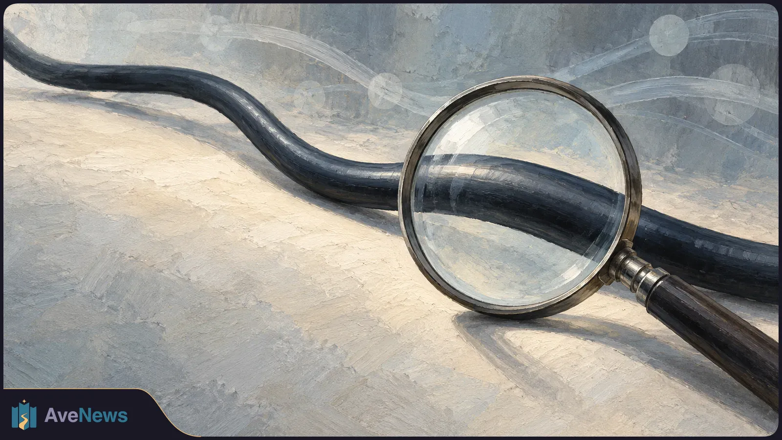 Painterly illustration of a magnifying glass over a dark, winding cable, with faint curved lines and pale dots in the background. SI illustration