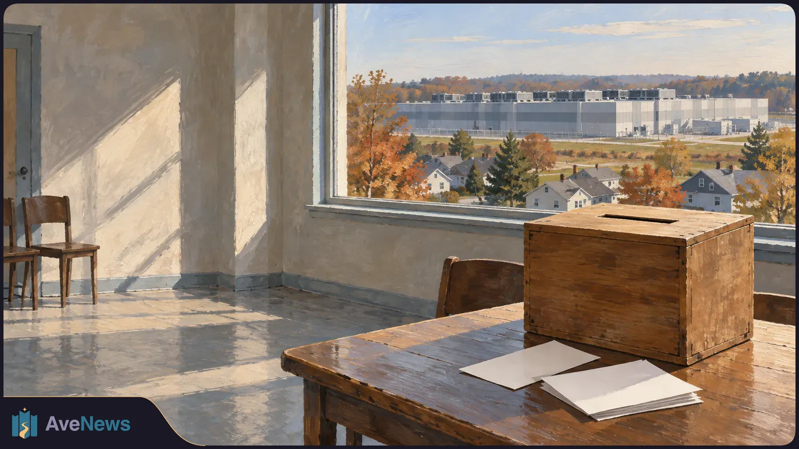 Painted sunlit room with a wooden ballot box and blank papers on a table. Houses, autumn trees and a large industrial building are visible through the window. SI illustration