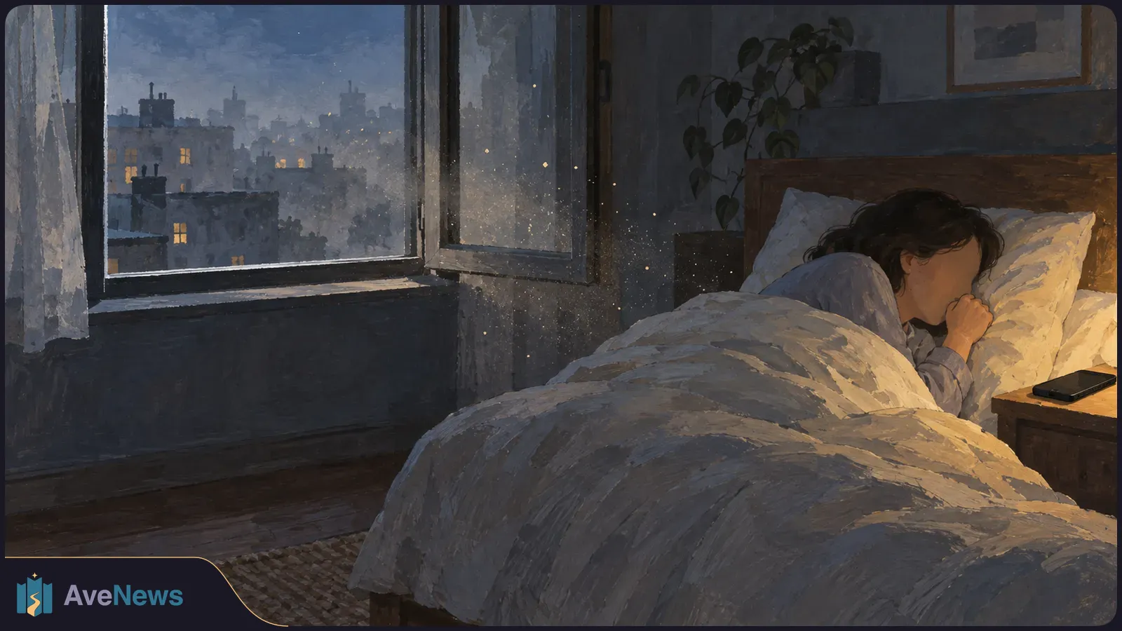 A person coughs into their hand in bed beside a phone, while a hazy city with lit windows is visible outside at night. SI illustration