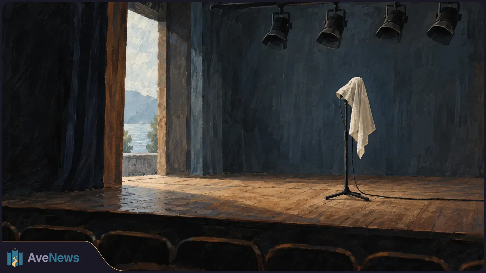 A painted empty wooden stage with a white cloth draped over a microphone stand, four overhead lights, dark seats in front, and an open doorway at left. SI illustration