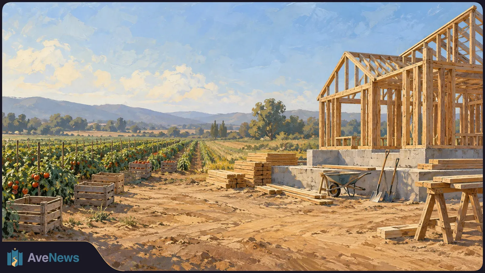 Painted scene of crop rows and harvest crates beside a partly built timber house, with lumber, a wheelbarrow and shovels in the foreground. SI illustration
