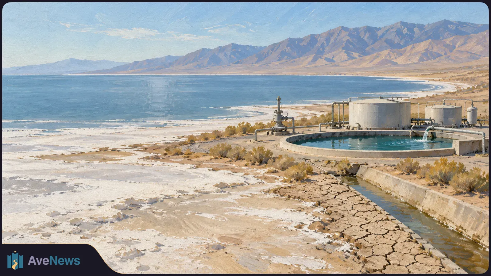Painted view of a blue lake and mountains beyond a salt-crusted shore, with pipes, cylindrical tanks, a round water basin and a channel beside cracked earth. SI illustration