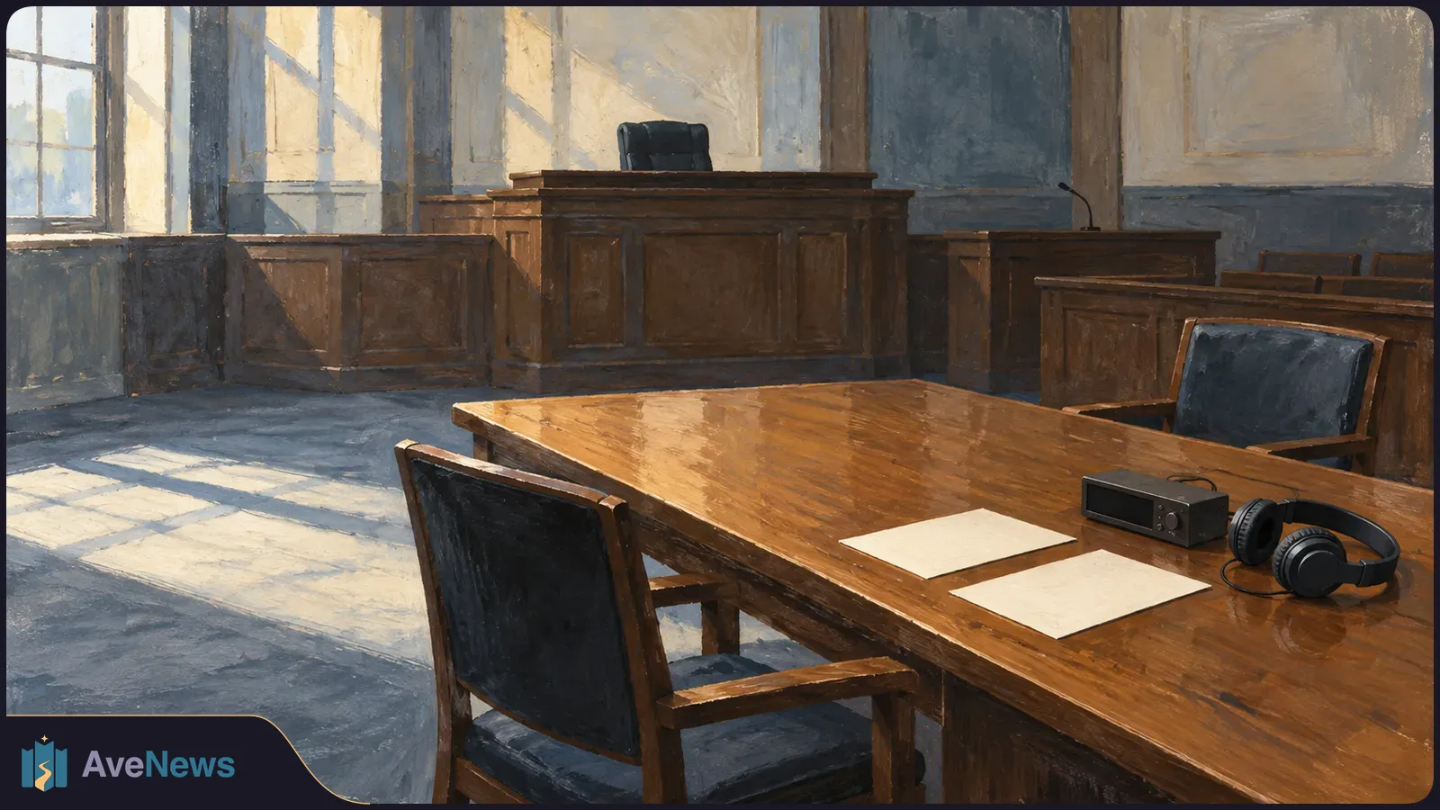 Painted empty courtroom with a judge’s bench in the background; headphones, a small audio device and two blank sheets rest on a wooden table in the foreground. SI illustration