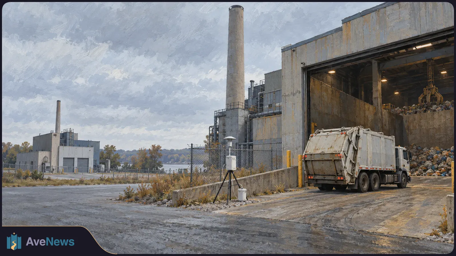 A painted scene shows a garbage truck approaching an open industrial building, with piles of trash and tall smokestacks beneath a cloudy sky. SI illustration