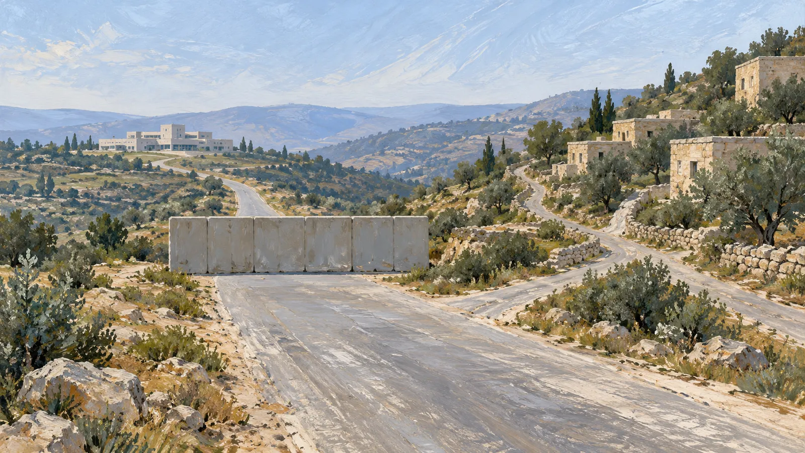 Illustration of concrete barriers across a road in a rocky, hilly landscape, with stone houses and a winding side road to the right and a large building in the distance. SI illustration