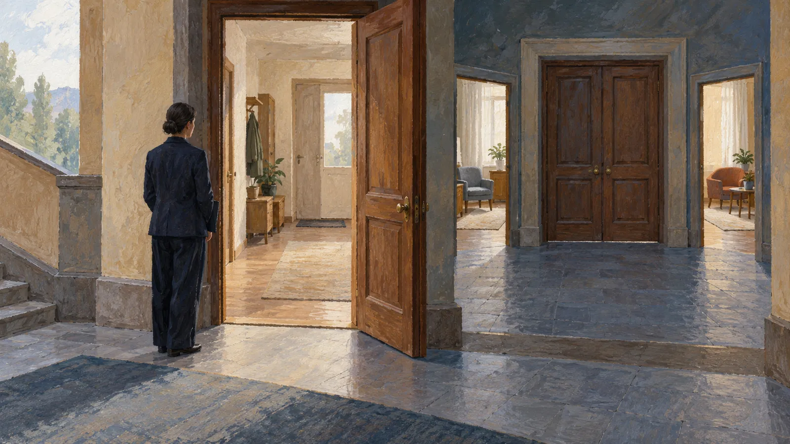 A painted scene of a person in a dark suit standing beside an open wooden door, with a bright hallway and furnished rooms beyond. SI illustration
